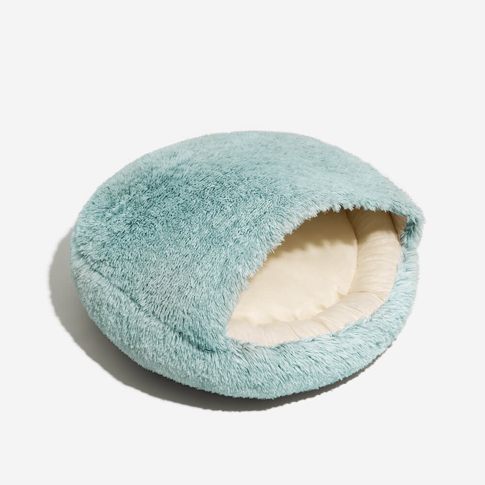 Cozy semi-enclosed pet bed, plush material for dog and cat comfort and calm.