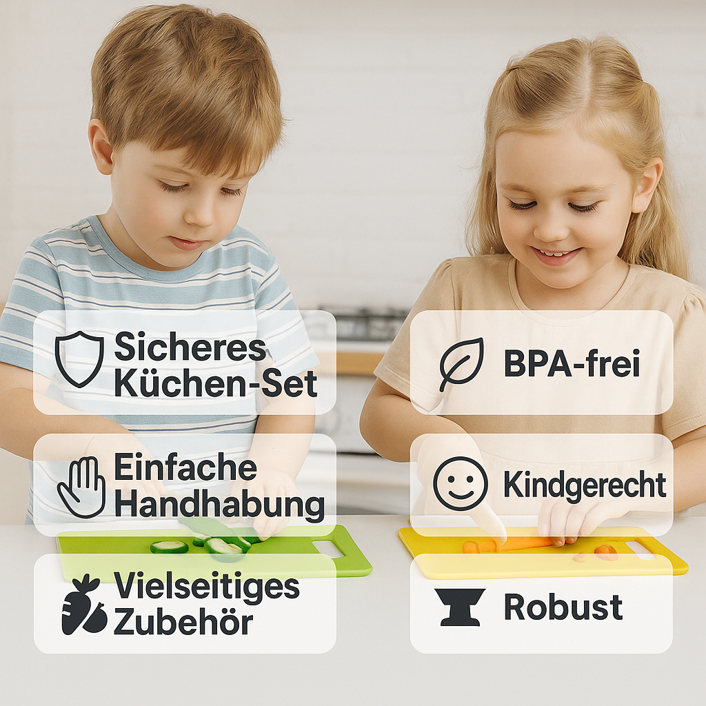 "Sicheres Kinder-Küchen-Set mit bunten Werkzeugen, ideal für kleine Hände zum spielerischen Kochen und Lernen."