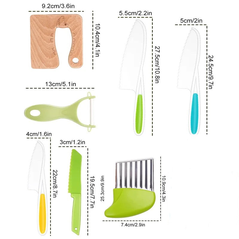 "Sicheres Kinder-Küchen-Set mit bunten Werkzeugen, ideal für kleine Hände zum spielerischen Kochen und Lernen."