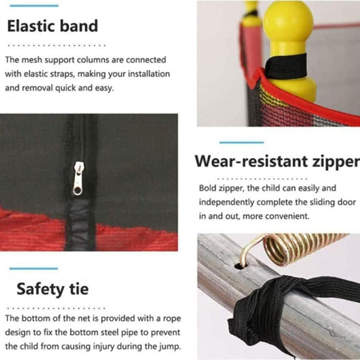 "Sicheres Kindertrampolin mit robustem Rahmen, Schutzrand und Netz; ideal für draußen, geeignet bis 100 kg, einfach montierba