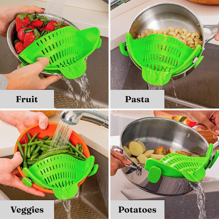Securely clips to pots, this silicone strainer makes draining pasta & veggies simple. Heat-resistant kitchen tool.