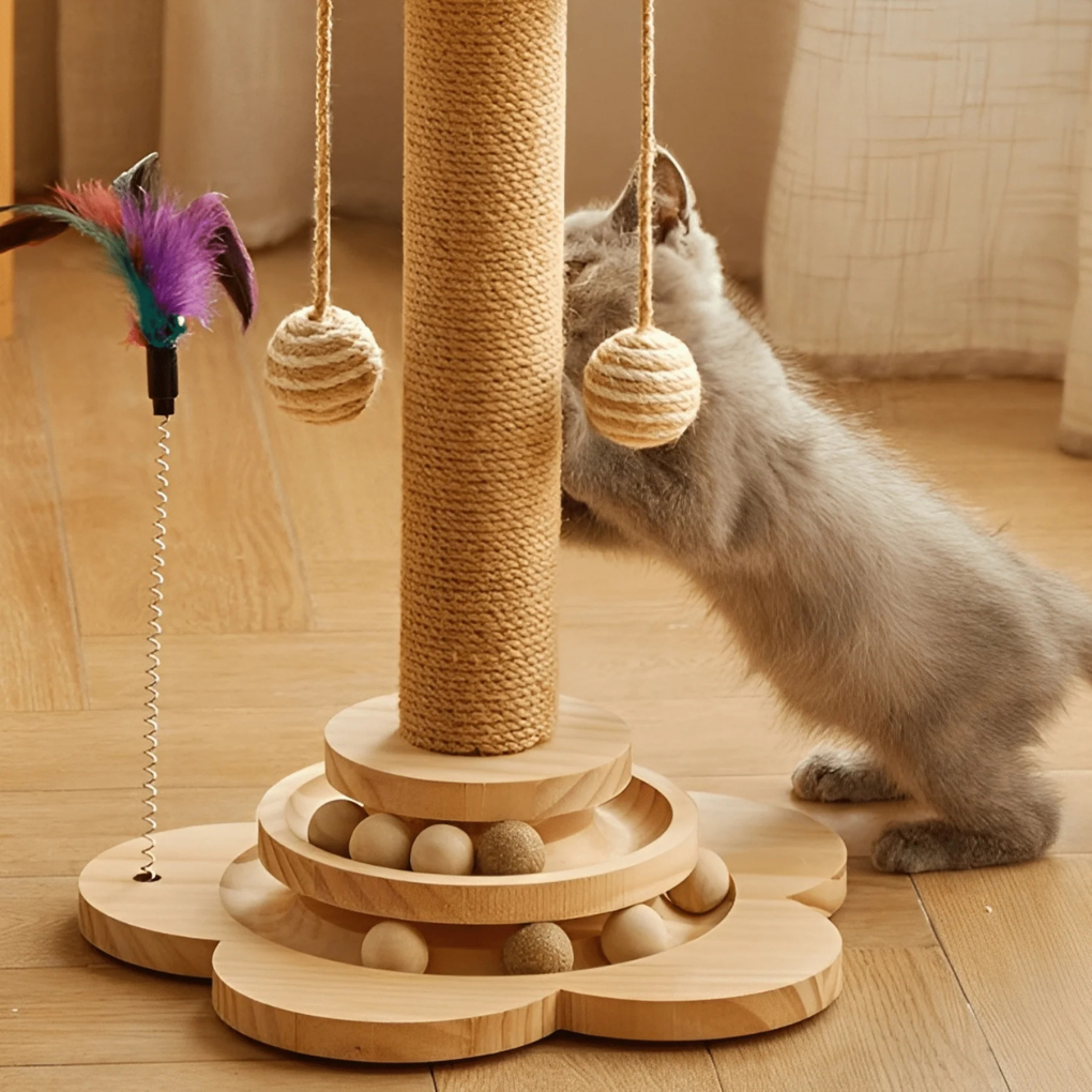 Unisex solid sisal cat scratcher with integrated perch for playful cats, a durable new pet furniture accessory.