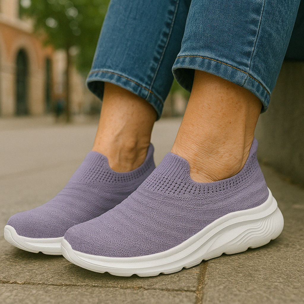 "Slip On Sneaker Damen, bequemer Anti-Schmerz Schlupfschuh, lila, gepolsterte Einlegesohle, rutschfest, ohne Schnürsenkel"