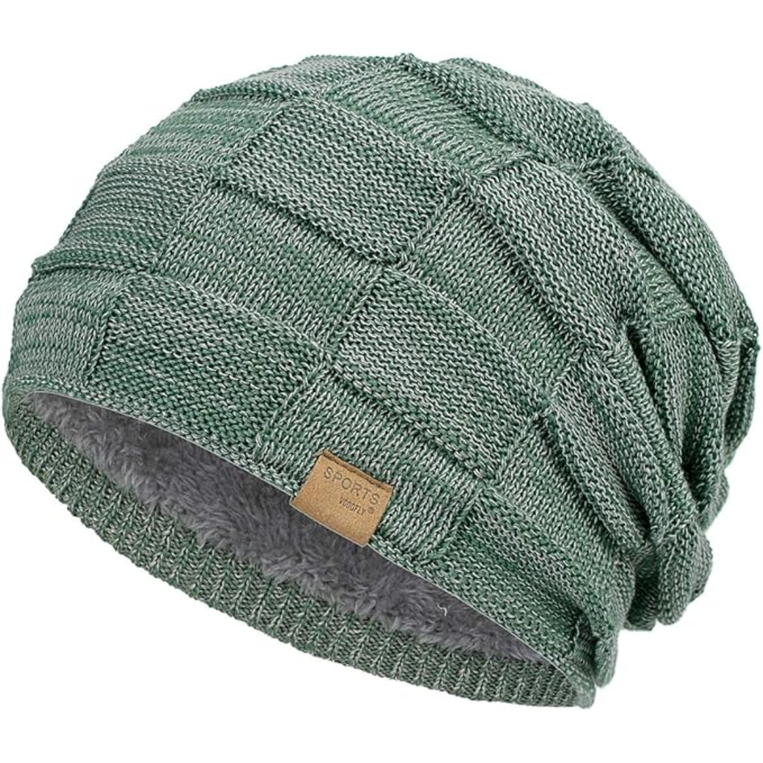 Comfortable knitted beanie with a slouchy fit, ideal unisex winter hat for cold weather outings.