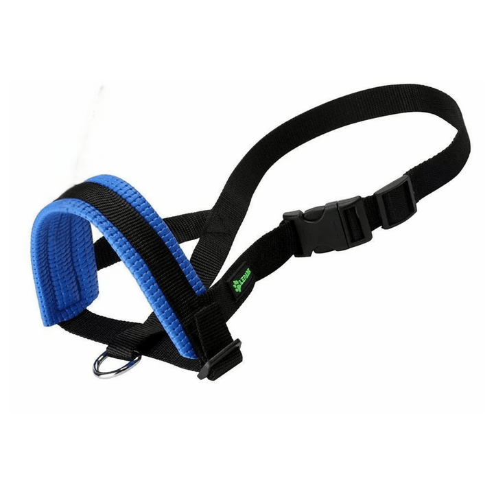 Close-up of a small pet nylon muzzle, breathable design in black for dog training.