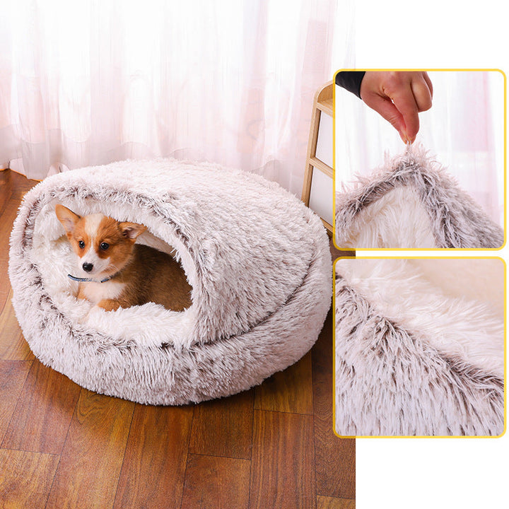 Close-up of soft, durable faux fur on a self-warming half-cave pet bed, engineered for small dogs.