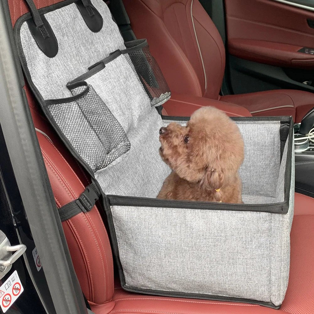 Foldable elevated dog car seat with storage pocket, grey fabric, for small to medium pets