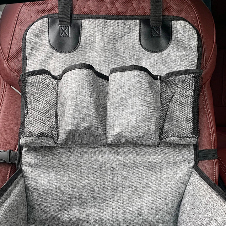 Detail of a durable, easy-to-clean fabric dog car seat designed for pet safety and travel