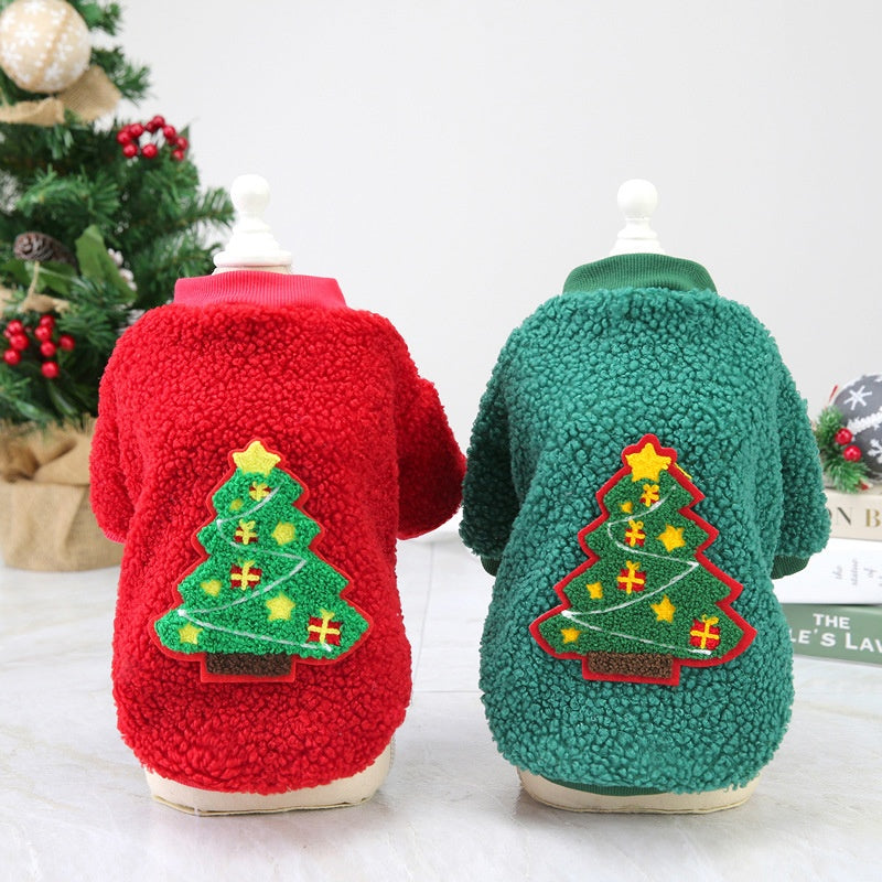 Various pets cheerful in new dog Christmas fleece sweaters, warm and stylish holiday pet outfits.