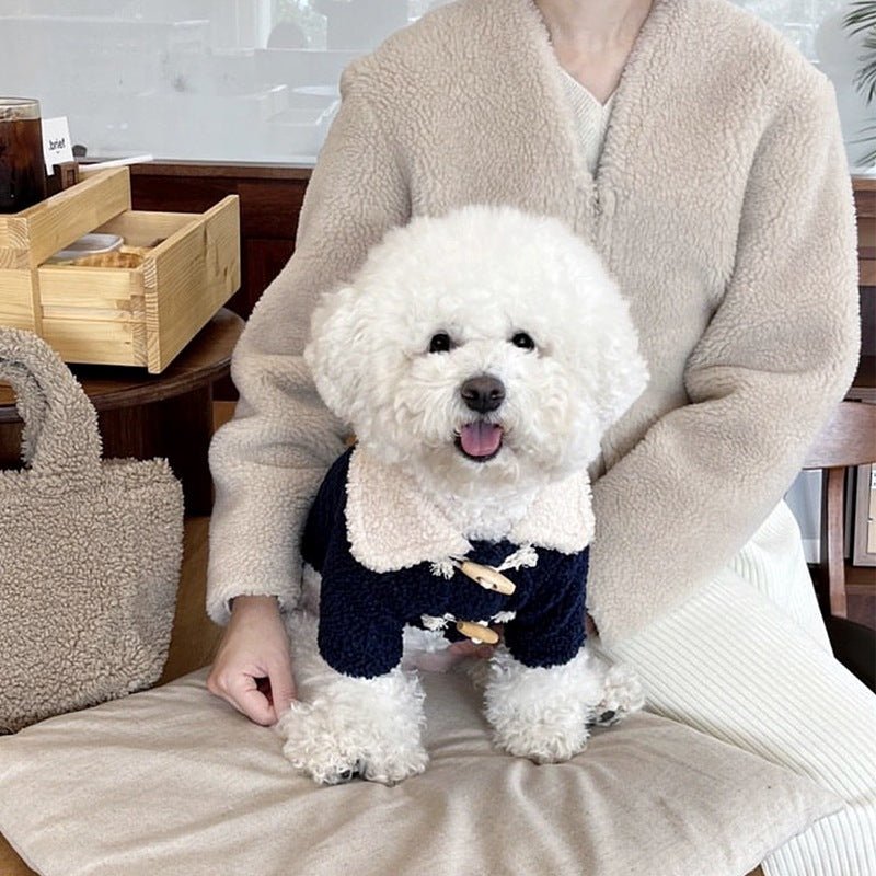 Small dog in plush-lined bear pattern winter coat with buckle closure, front view