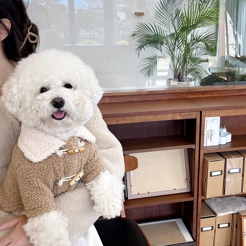 Cozy pet apparel: dog winter coat with playful bear pattern and soft plush lining