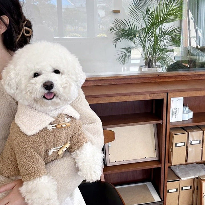 Cozy pet apparel: dog winter coat with playful bear pattern and soft plush lining