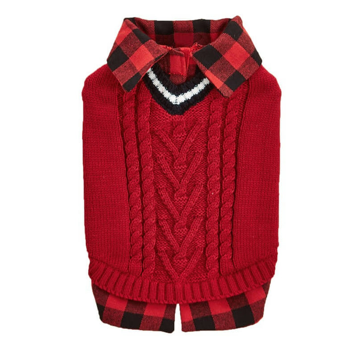 Blue cable knit dog vest with a smart plaid collar for small to medium dogs.