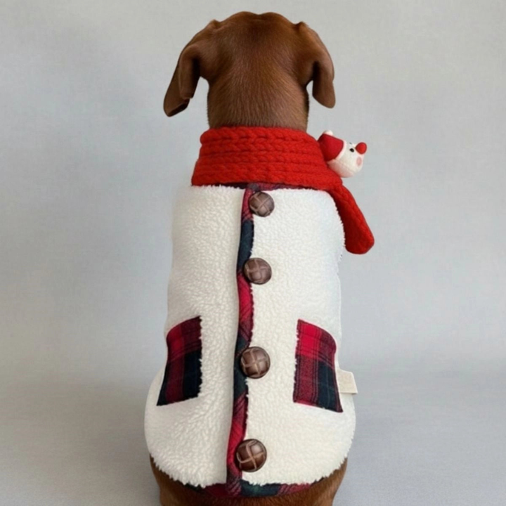 Plaid dog winter coat with integrated scarf and fleece lining on a small breed dog