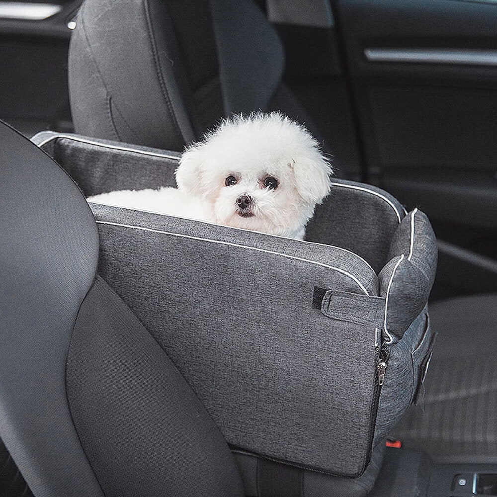 Console pet lookout dog car seat in grey suede, ensuring comfort and safety for small dogs.