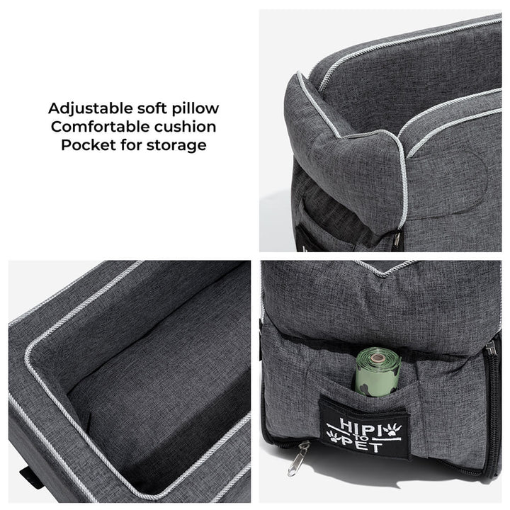 Washable grey suede dog car seat, perfect for small dogs to travel securely and comfortably.