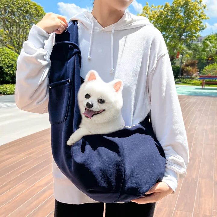 Hands-free small pet shoulder carrier, black dog & cat travel sling.