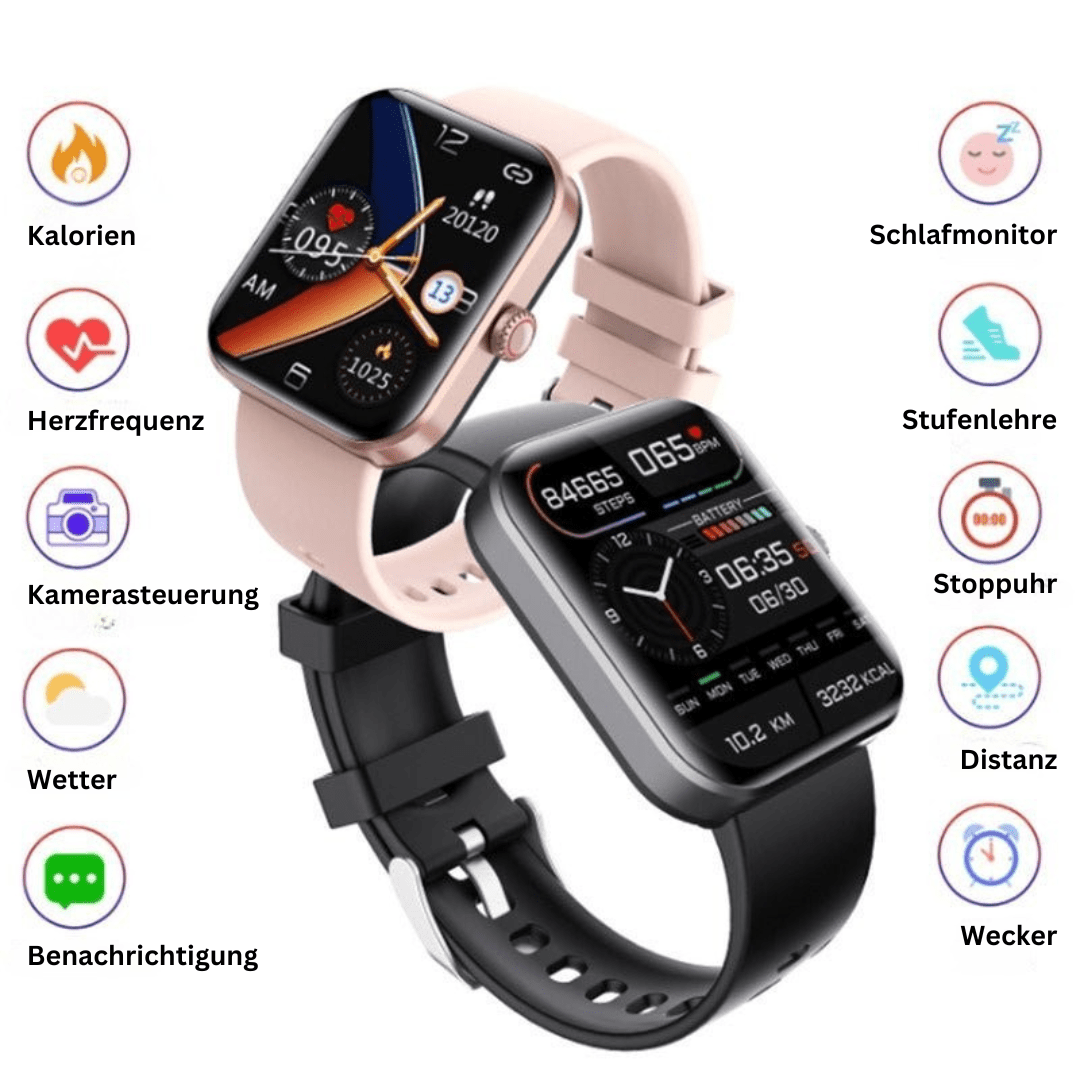 Sleek smart watch with comprehensive vital signs, blood sugar, heart rate & sleep tracking.