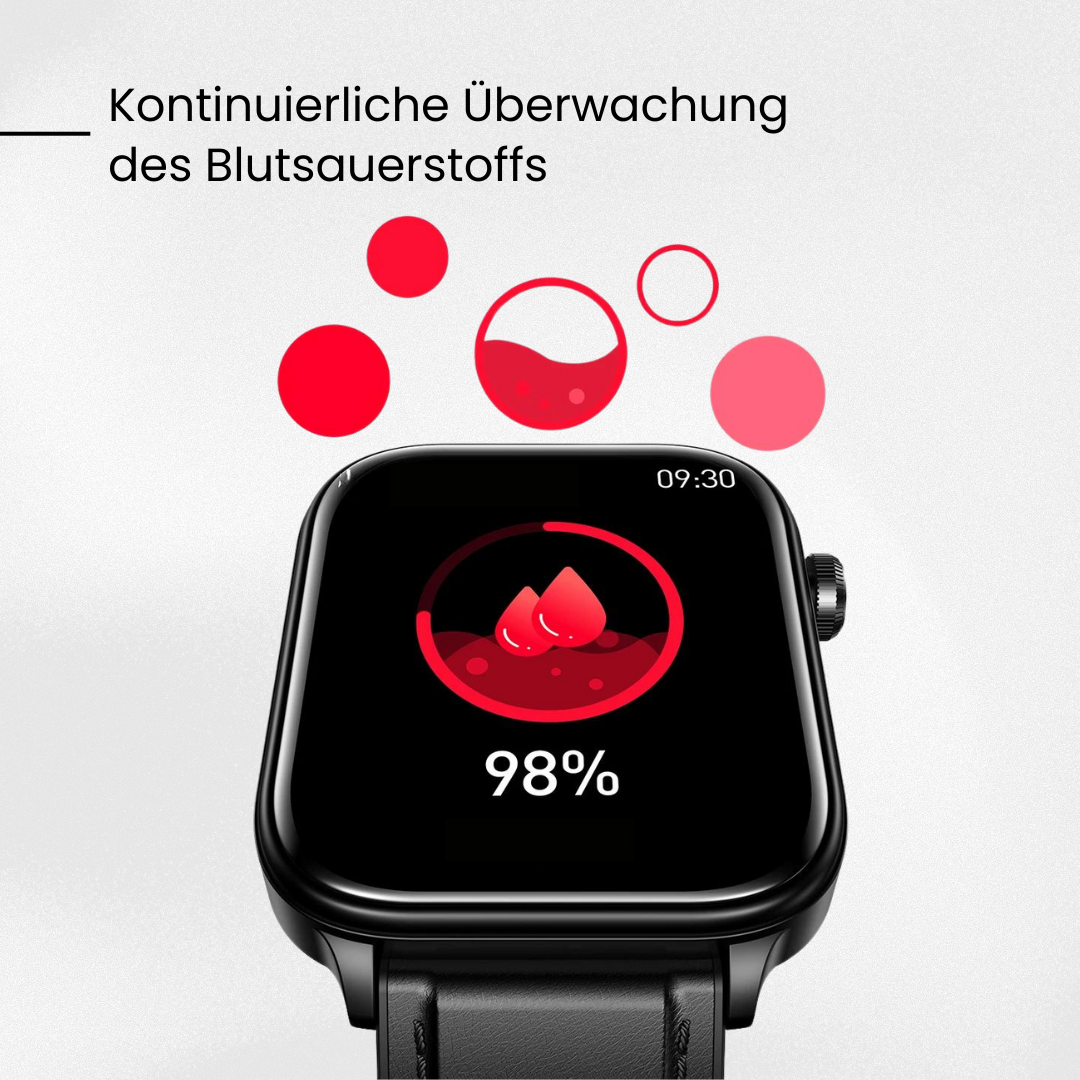 Smartwatch mit schlankem Design, SOS-Notruffunktion, Blutzucker- und Pulsüberwachung auf modernem Voll-Touchscreen.
