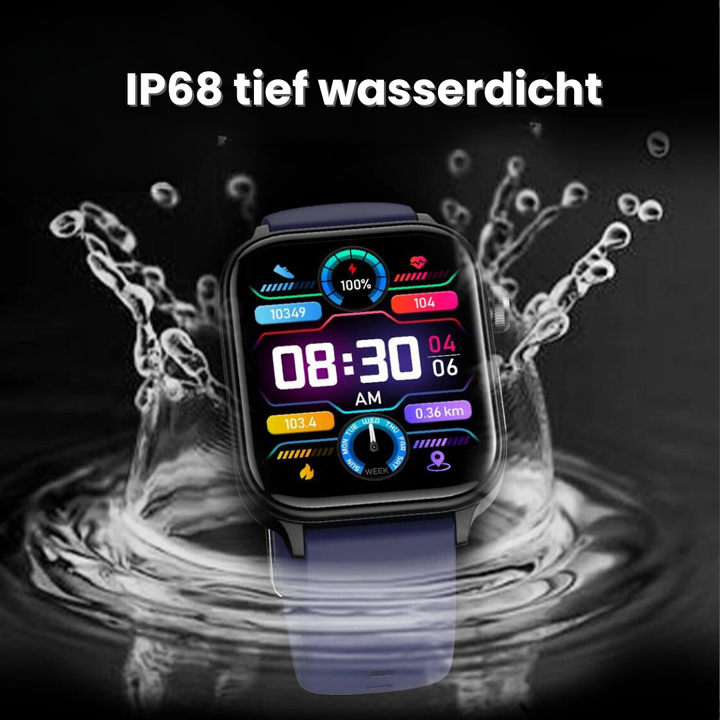 Smartwatch mit schlankem Design, SOS-Notruffunktion, Blutzucker- und Pulsüberwachung auf modernem Voll-Touchscreen.