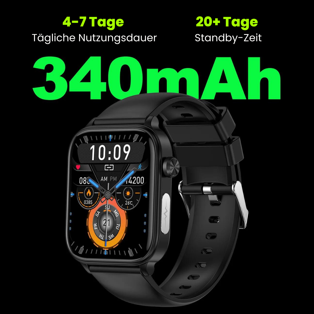 Smartwatch mit schlankem Design, SOS-Notruffunktion, Blutzucker- und Pulsüberwachung auf modernem Voll-Touchscreen.