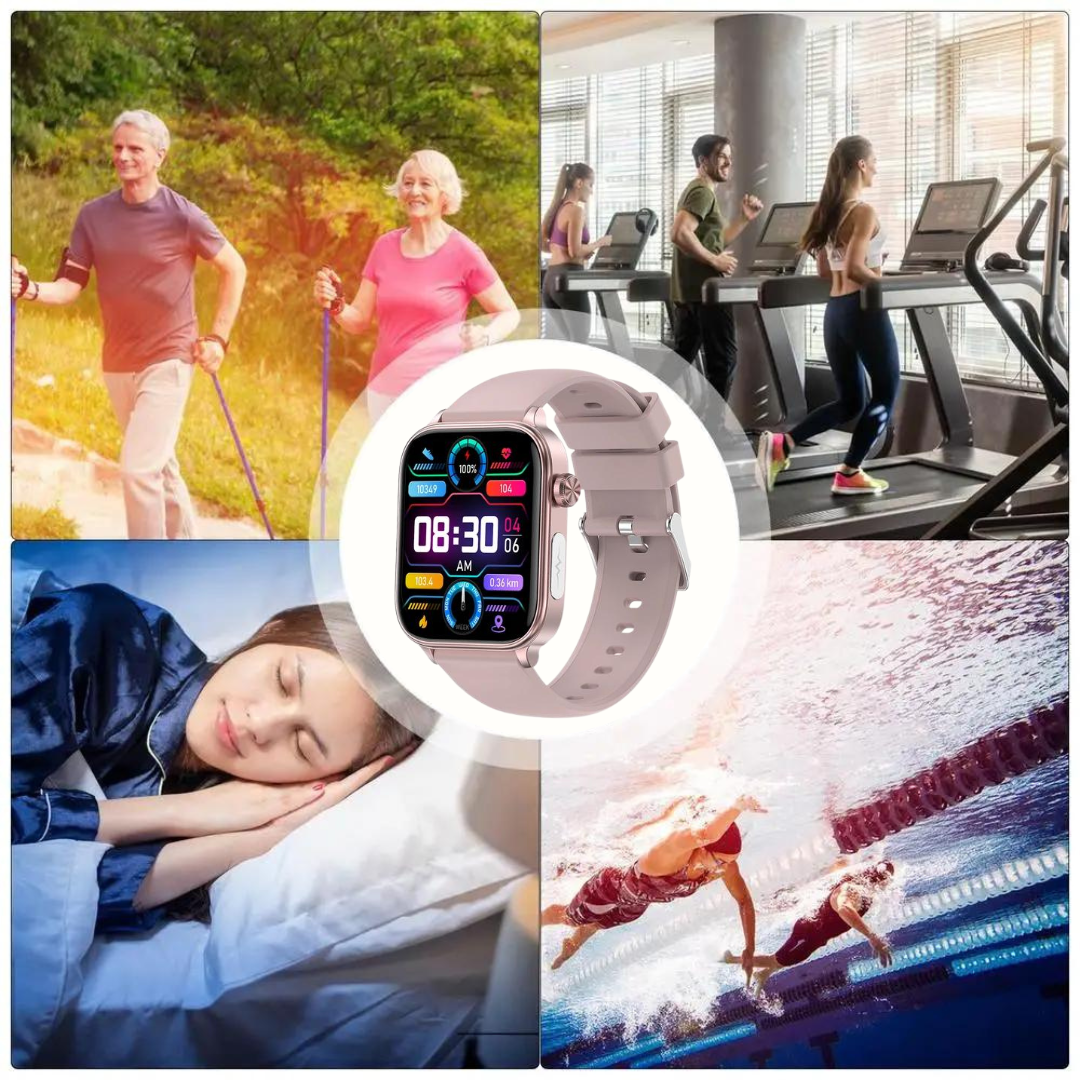 Smartwatch mit schlankem Design, SOS-Notruffunktion, Blutzucker- und Pulsüberwachung auf modernem Voll-Touchscreen.