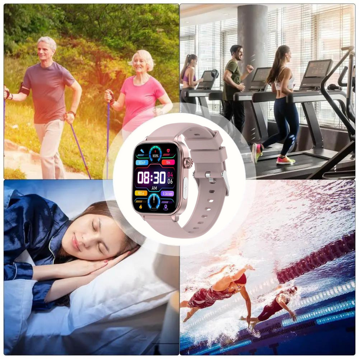 Smartwatch mit schlankem Design, SOS-Notruffunktion, Blutzucker- und Pulsüberwachung auf modernem Voll-Touchscreen.