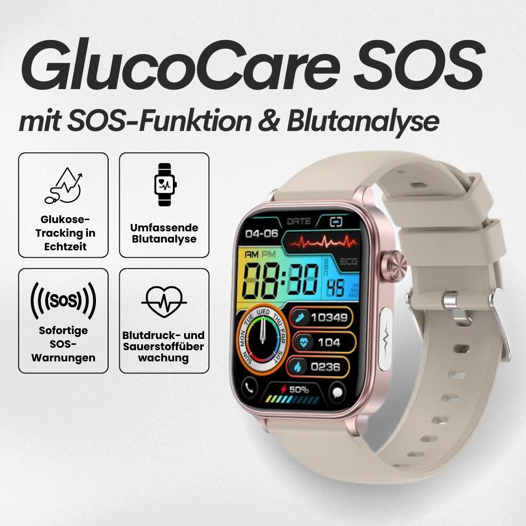 Smartwatch mit schlankem Design, SOS-Notruffunktion, Blutzucker- und Pulsüberwachung auf modernem Voll-Touchscreen.