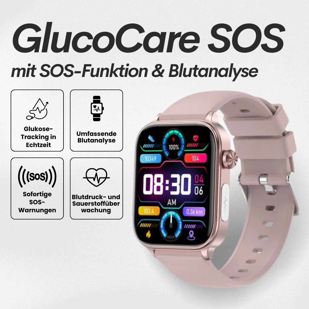 Smartwatch mit schlankem Design, SOS-Notruffunktion, Blutzucker- und Pulsüberwachung auf modernem Voll-Touchscreen.