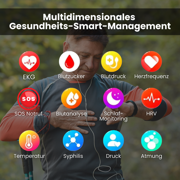Smartwatch mit schlankem Design, SOS-Notruffunktion, Blutzucker- und Pulsüberwachung auf modernem Voll-Touchscreen.