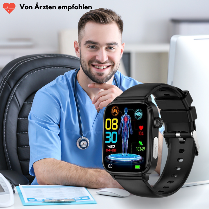 Smartwatch mit schlankem Design, SOS-Notruffunktion, Blutzucker- und Pulsüberwachung auf modernem Voll-Touchscreen.