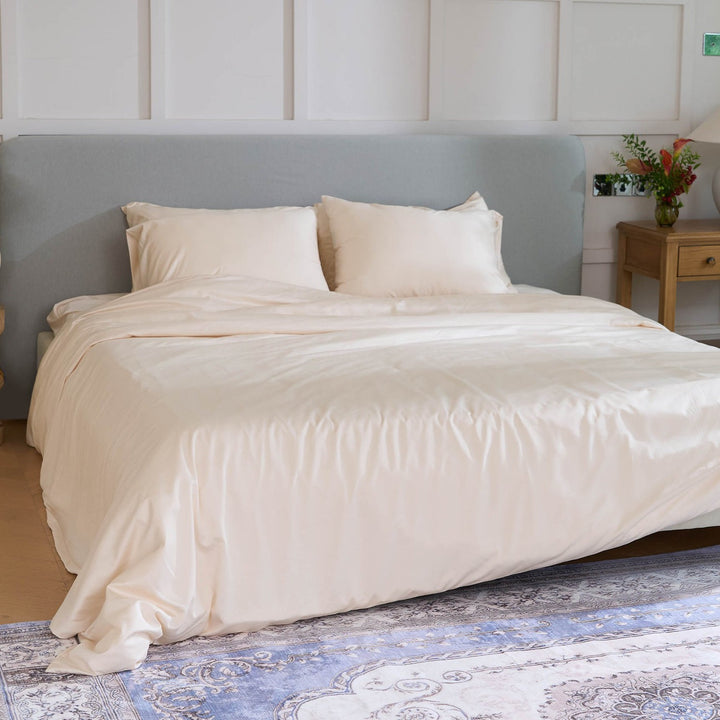 Guest bedroom styled with new bamboo bedding, inviting and hypoallergenic for all