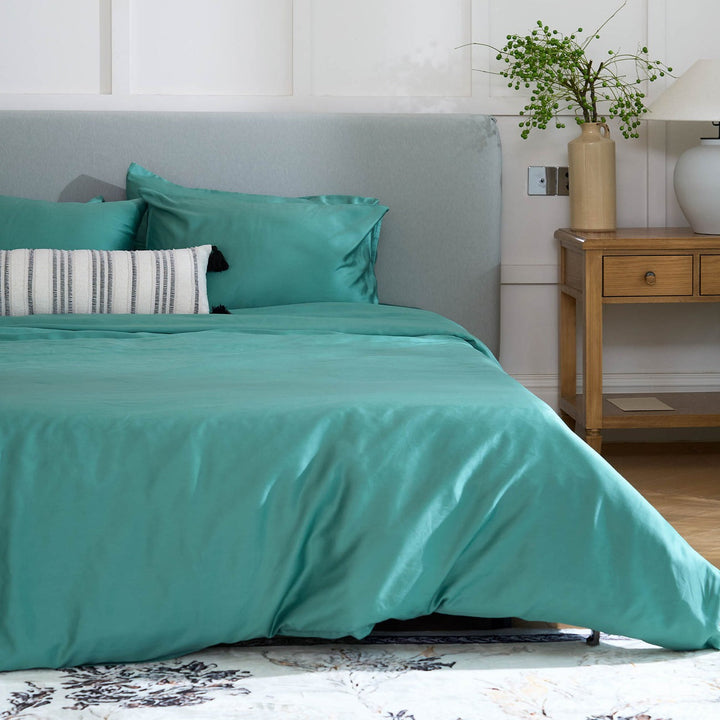Pet-friendly home with a dog relaxing on clean bamboo bedding, no pet hair visible