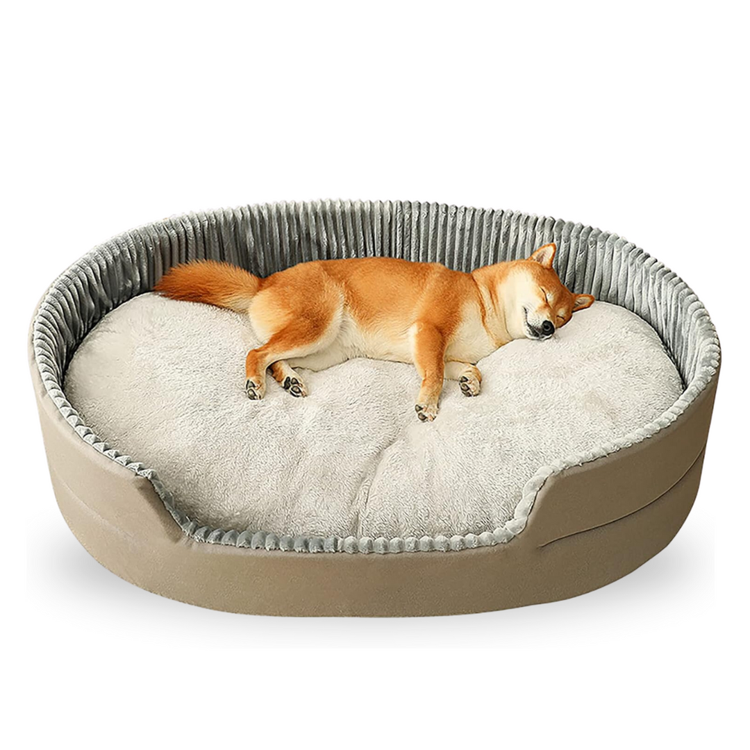 Grey plush bolster dog bed with high walls and anti-slip base for ultimate pet relaxation.