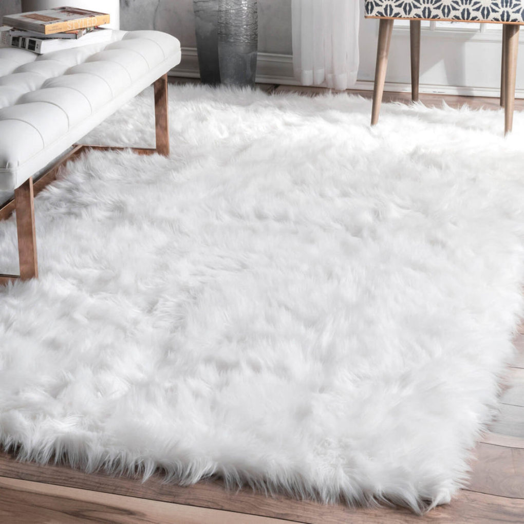 Soft faux sheepskin area rug, white, fluffy, home decor