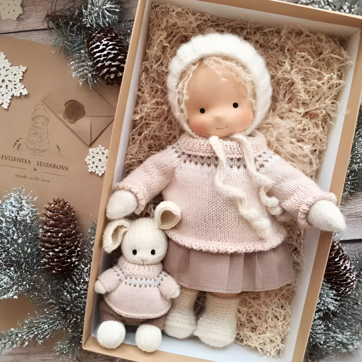 Waldorf doll for toddlers, handcrafted from wool, promoting imaginative play & comfort.