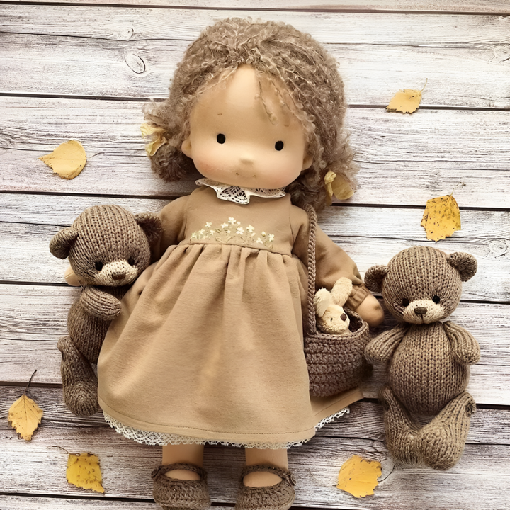 Soft organic cotton Waldorf doll, a beloved imaginative toy & comfort companion.