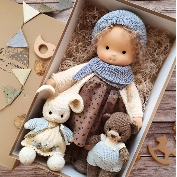 Handcrafted Waldorf doll, perfect for imaginative play, a cuddly natural children's toy.