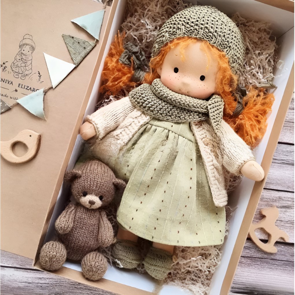 Wool Waldorf doll, a soft, cuddly imaginative toy for children's comfort and play.