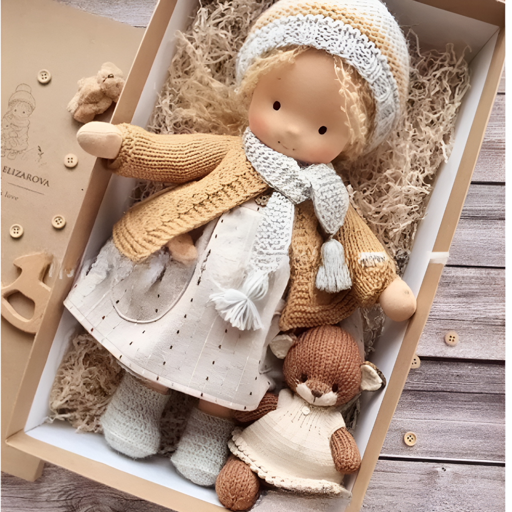Children's imaginative play Waldorf doll, made with organic cotton for soft cuddles.