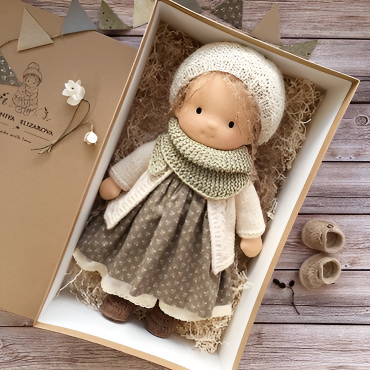Soft & cuddly Waldorf doll, an organic cotton imaginative toy for children.