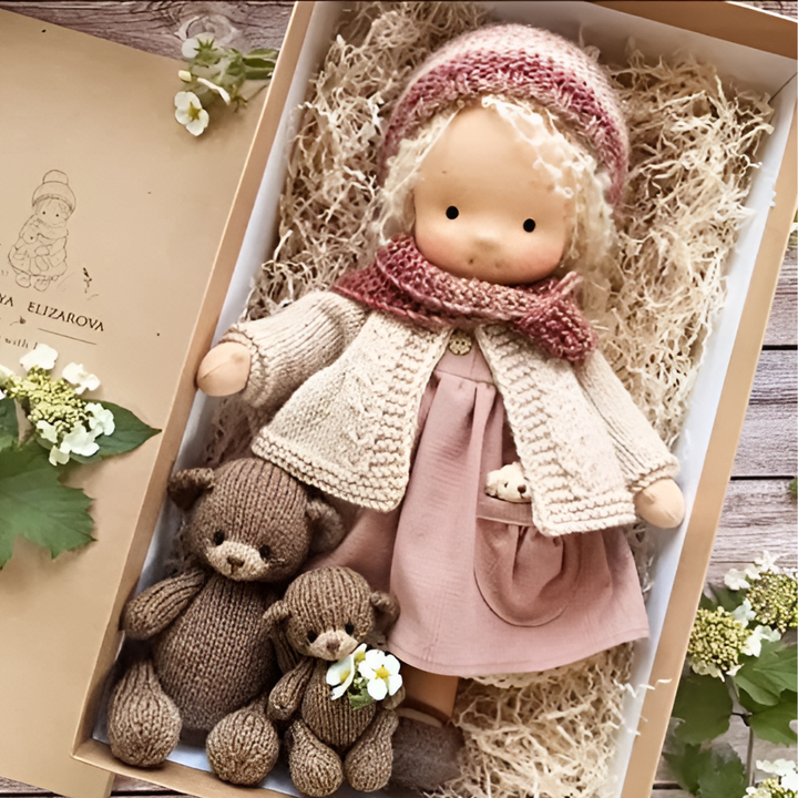 Cuddly wool Waldorf doll, a gentle comfort toy for toddlers' imaginative play.