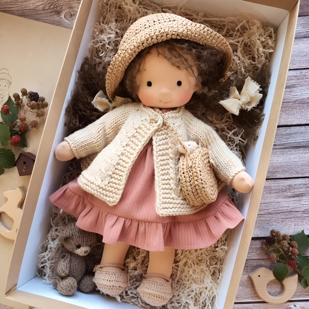 Soft organic cotton Waldorf doll, an imaginative play toy & cuddly friend for toddlers.
