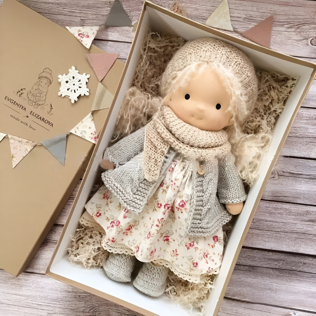 Handcrafted wool Waldorf doll, a gentle comfort toy for children and imaginative adventures.