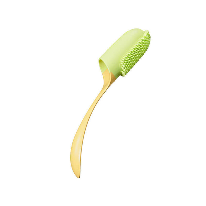 Illustration of how to use a pet finger toothbrush for effective dog and cat dental cleaning and plaque removal.