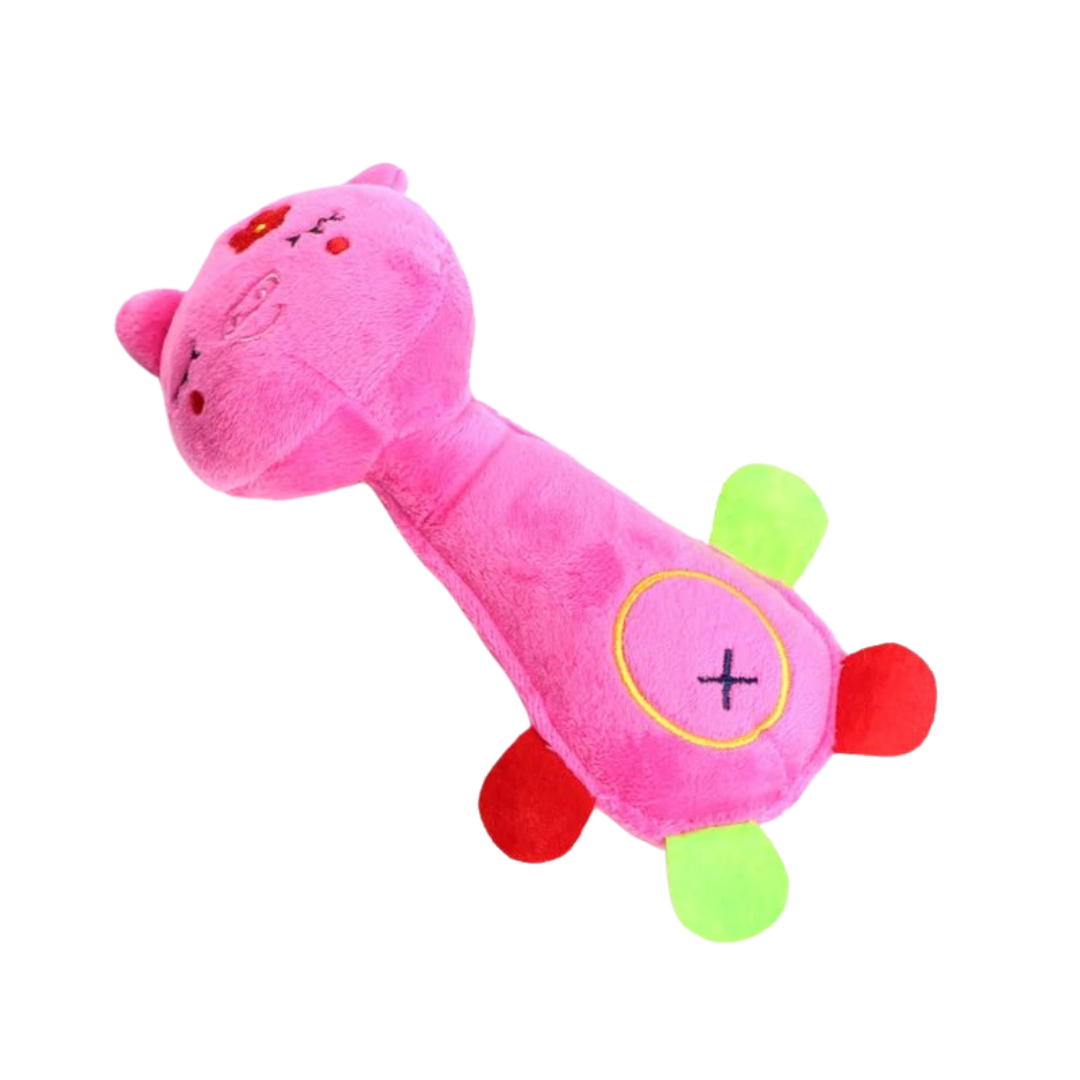 Cute animal-shaped plush dog toy with squeaker, ideal for pet play and cuddle time.