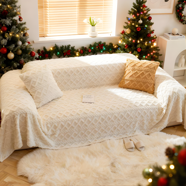 Soft shaggy hypoallergenic sofa cover in light gray, full view protecting furniture from pets.