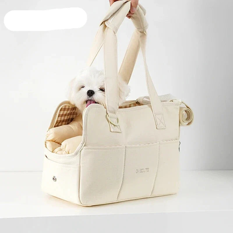 Close-up of durable, easy-clean fabric on a soft-sided pet transport bag for small pets