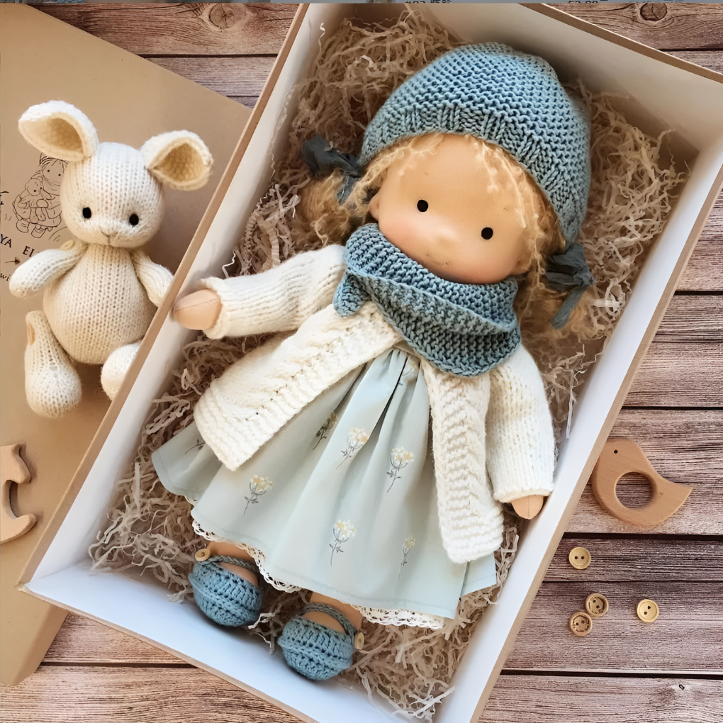 Natural Waldorf wool doll, soft stuffed toy for kids, promotes imaginative and gentle play.