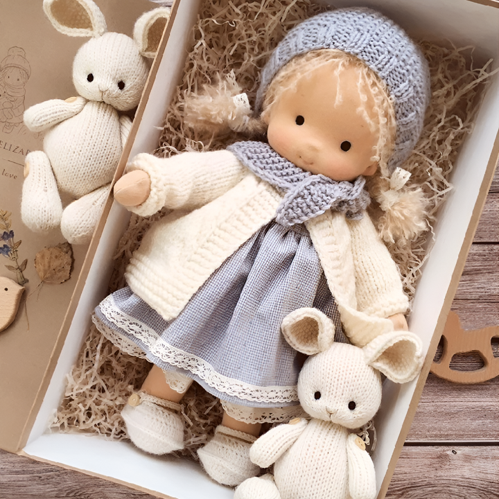 Stuffed Waldorf doll, natural wool, a cozy comfort doll for imaginative children.